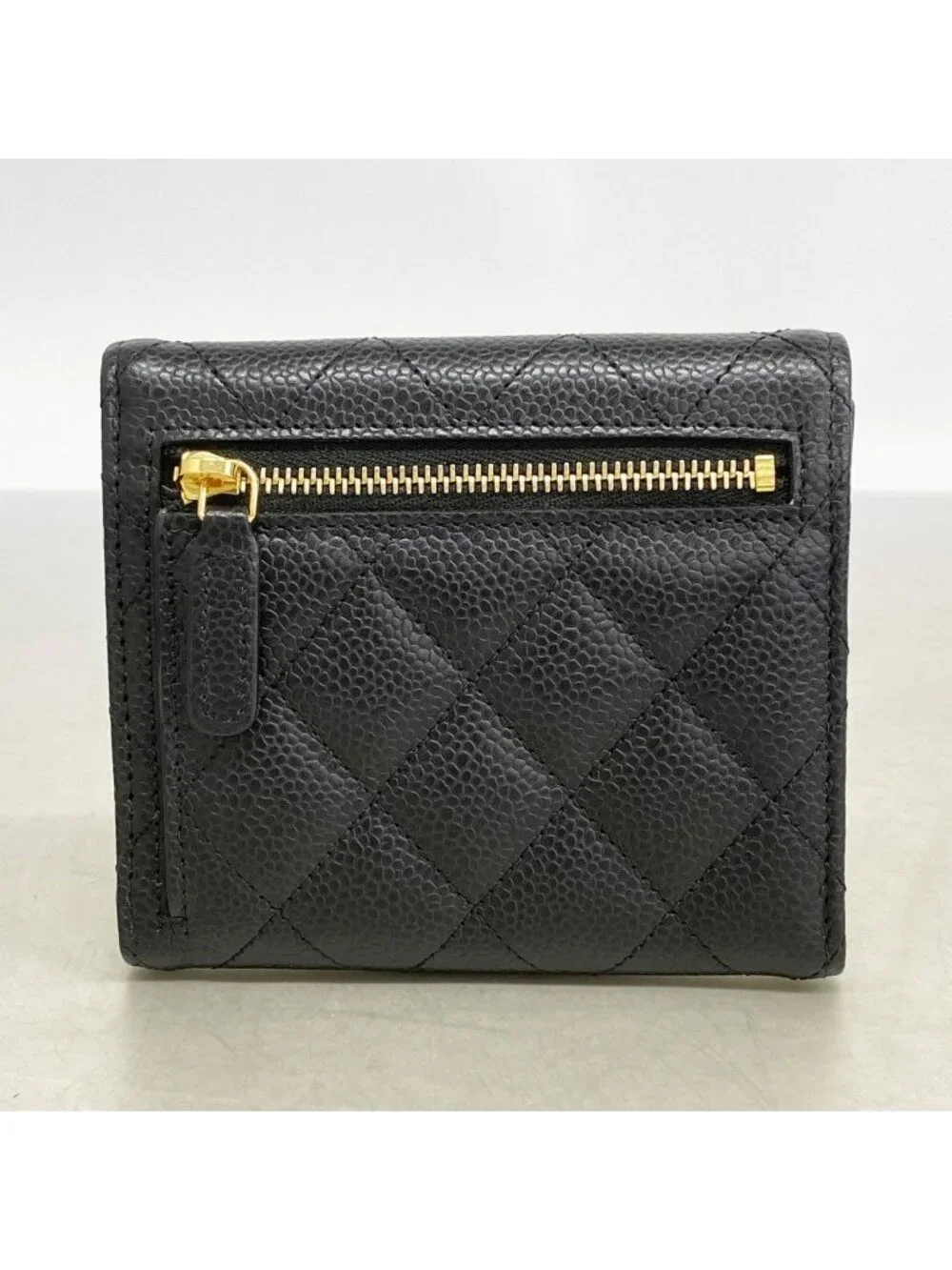 Chanel Trifold Wallet Quilted Caviar Leather Black Gold